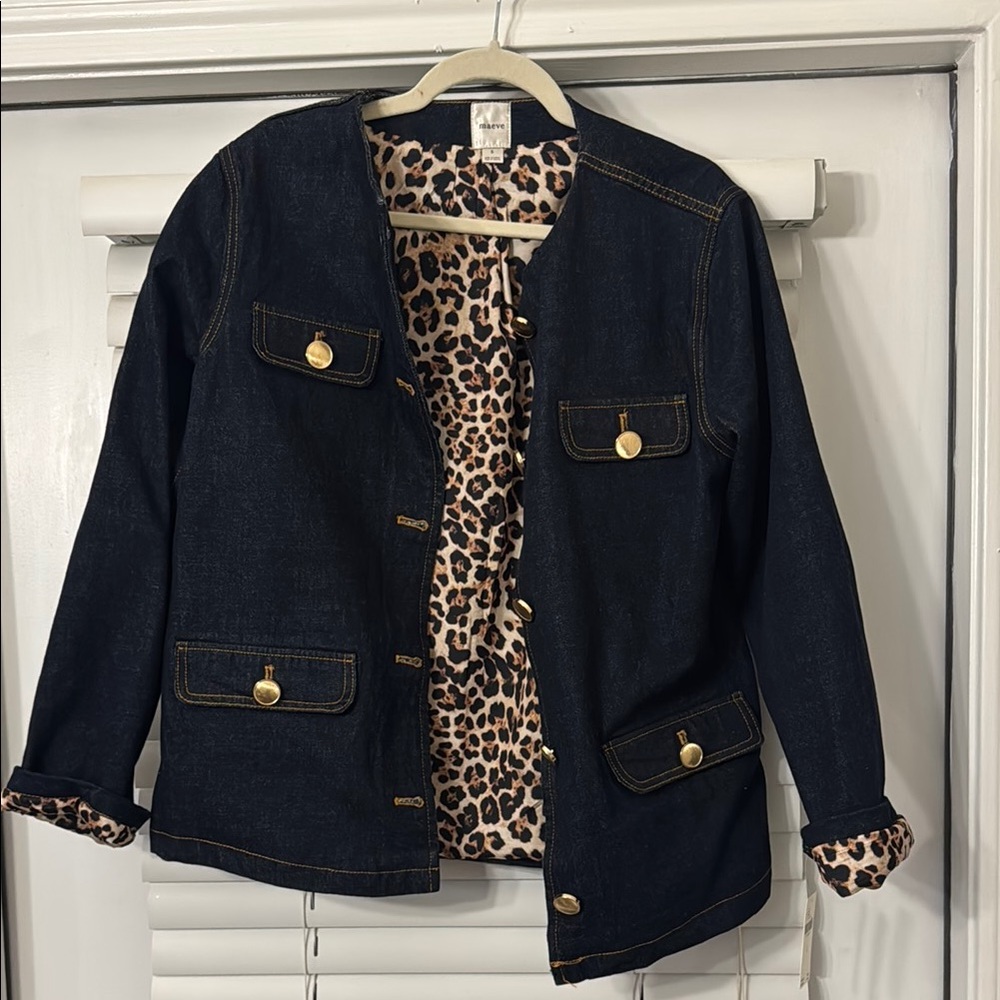 Maeve Dark Denim Jacket with Leopard Lining